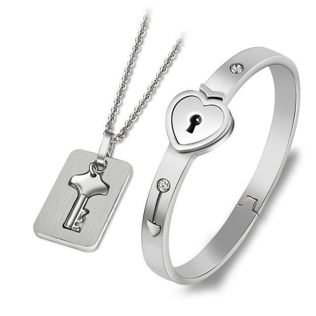 Stainless Steel Love Heart Lock Bangle Bracelet