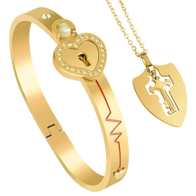 Stainless Steel Love Heart Lock Bangle Bracelet